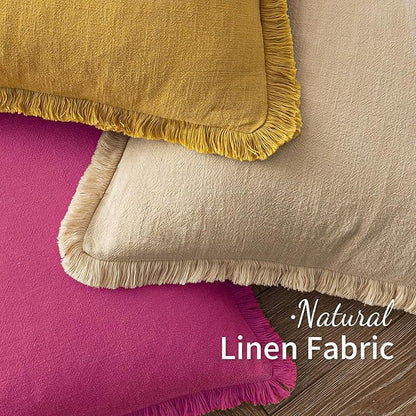 MIULEE Decorative Throw Pillow Covers Neutral Linen Fringe Throw Pillows Set of 2 Hot Pink Boho Farmhouse Cushion Covers with Tassels for Couch Sofa Bed Living Room Spring Home Decor 18x18 Inch