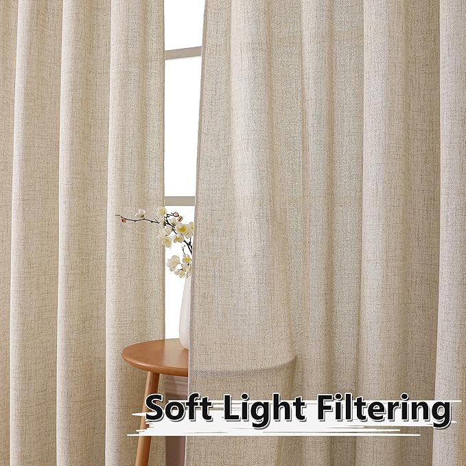 Tollpiz Linen Tier Curtain Rod Pocket Semi Sheer Half Kitchen Curtains Burlap Light Filtering Thick Linen Drape for Bathroom, 30 x 36 inches Long, Natural, Set of 2 Panels