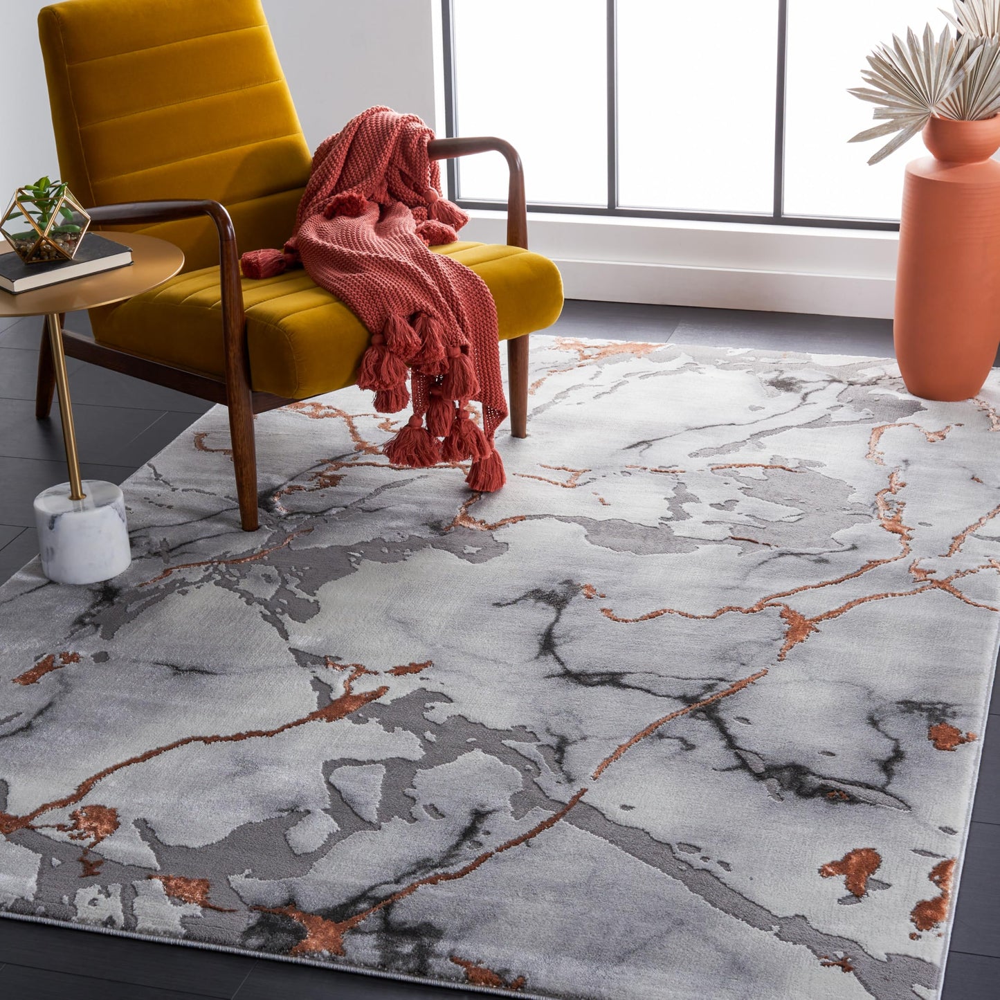 SAFAVIEH Craft Collection Area Rug - 6'7" x 9', Grey & Orange, Modern Abstract Design, Non-Shedding & Easy Care, Ideal for High Traffic Areas in Living Room, Bedroom (CFT852G)