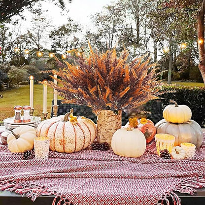 12 Bundles Artificial Fall Flowers Outdoors Fake Fall Lavender Flowers UV Resistant Plastic Faux Fall Plants for Indoor Home Porch Autumn Thanksgiving Fall Decorations (Brown)