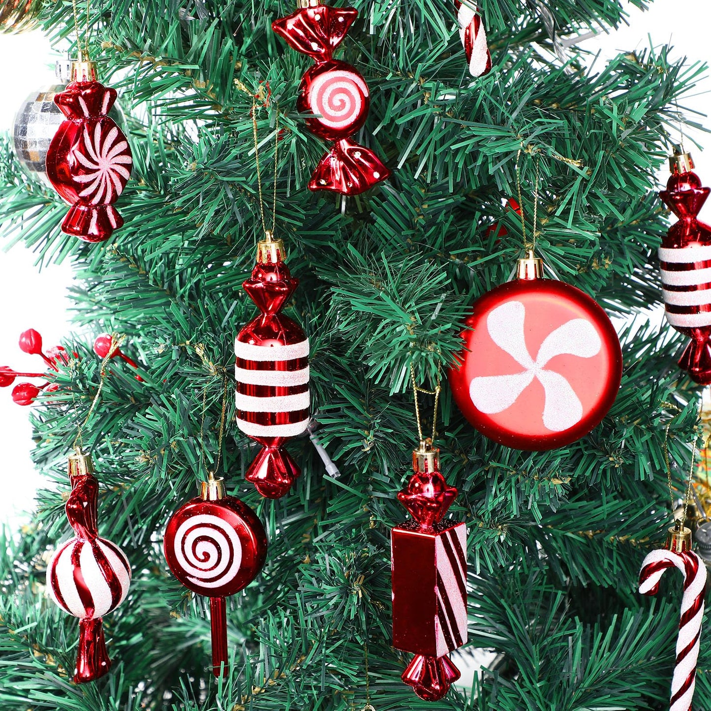 Leyndo 24 Pcs Christmas Candy Hanging Ornament Candy Cane Peppermint Lollipop Decor Glitter Ornament for Home Christmas Tree Party Favor Decoration(Red)