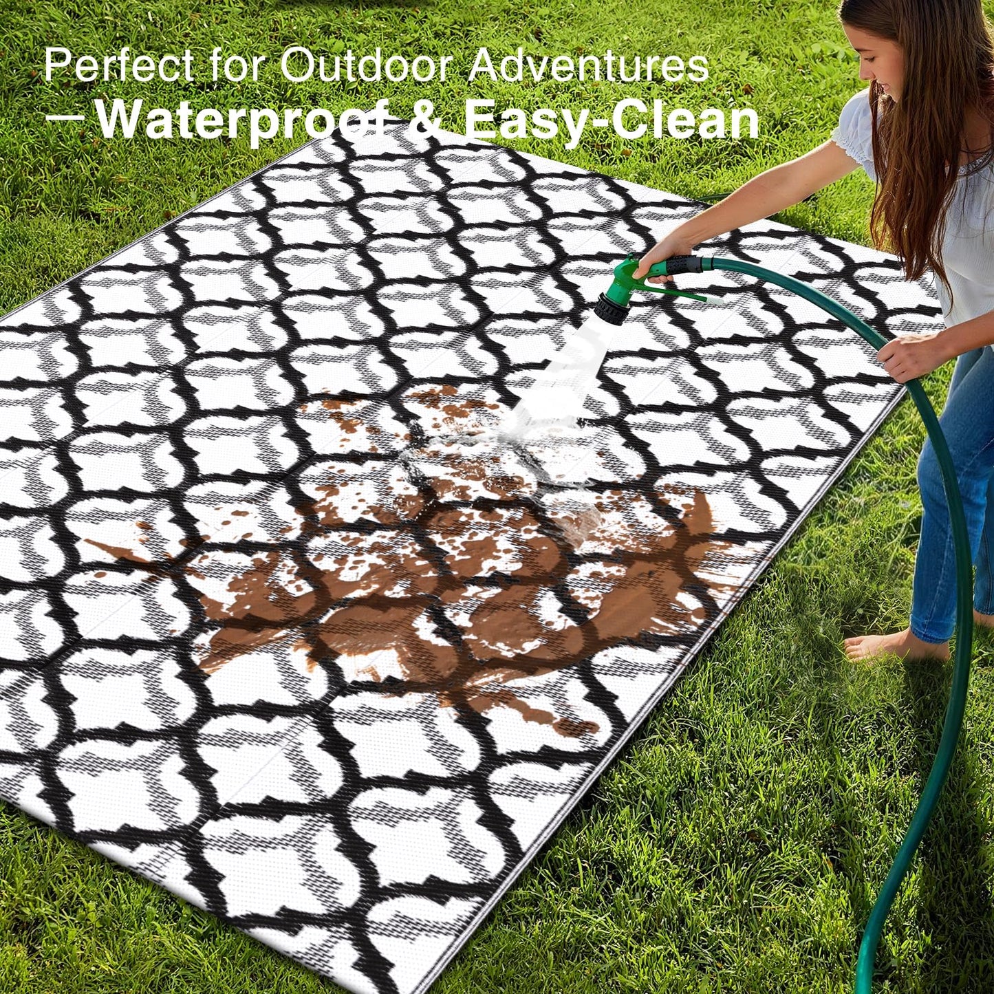 OLANLY Reversible Outdoor Rug 5x8 ft Clearance, Waterproof Outdoor Plastic Straw Rug with Interlacing Pattern, RV Mat for Patio, Camping, Balcony, Deck, Backyard, Black & White