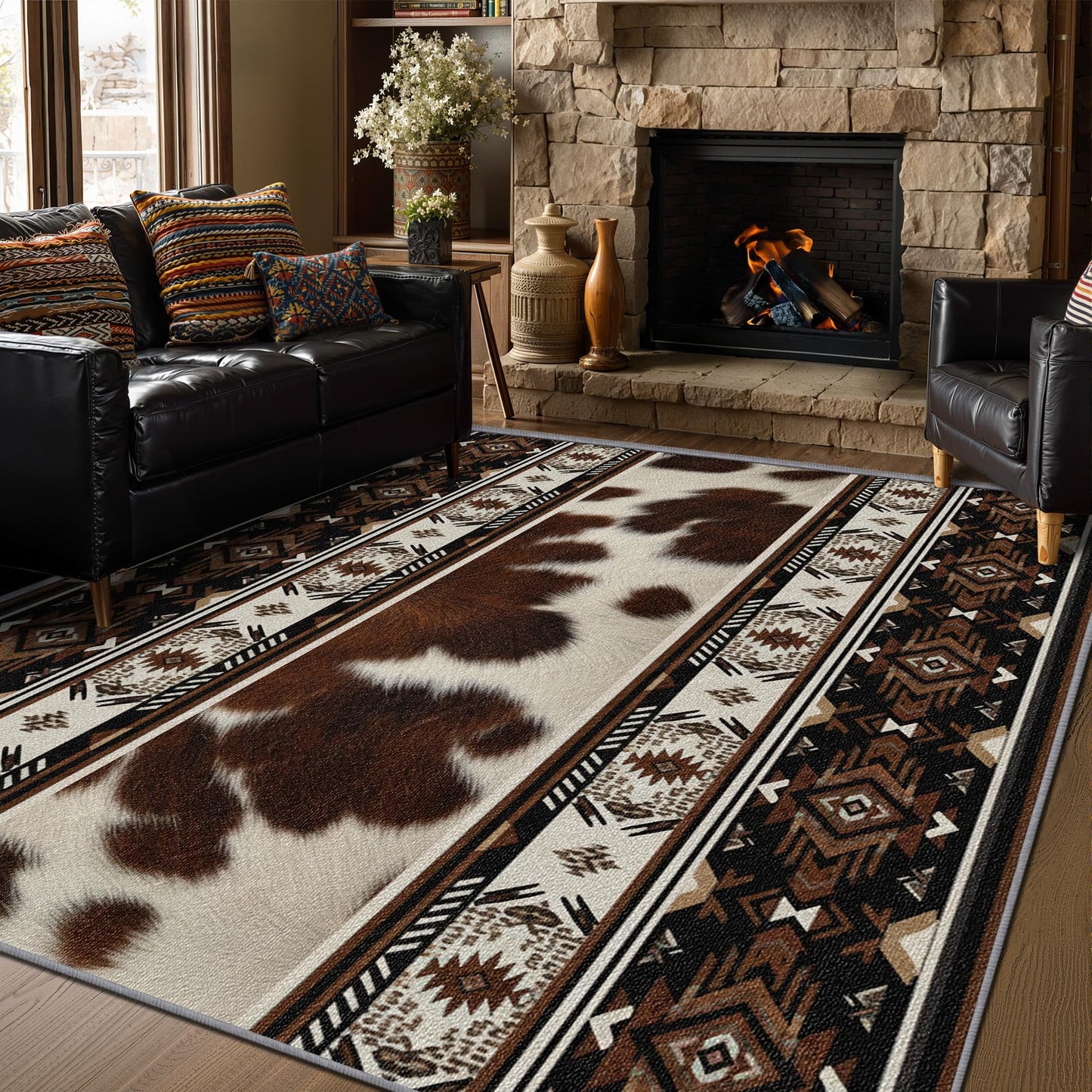 SherAvant Aztec Area Rugs - Cowhide Southwestern Tribal Rug 3x5, Cabin Rustic Washable Lightweight Carpet Room Decor (Brown/Black)
