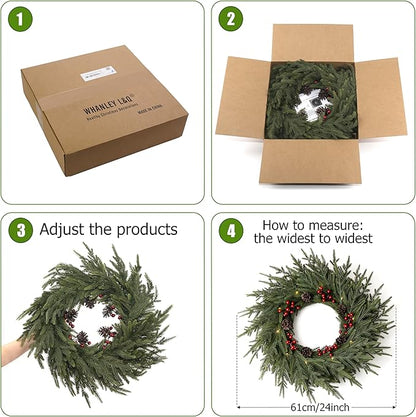 24" Artificial Christmas Wreath -Real Touch Norfolk Pine Wreath for Door,Wall,Windows,Indoor Outdoor -Christmas Wreaths for Front Door-Christmas Decorations-Holiday Decor-Free Battery LED Lights