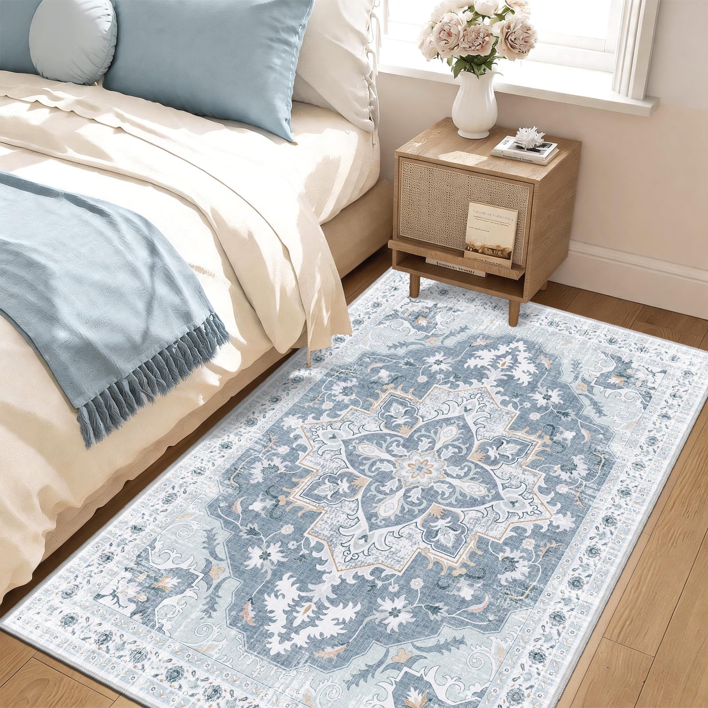 TTelephant 3x5 Washable Rug, Vintage Medallion Small Carpet for Living Room and Bedroom, Low Pile Indoor Entryway Rug with Non-Slip Silicone Backing, Non-Shedding, Blue/Gray