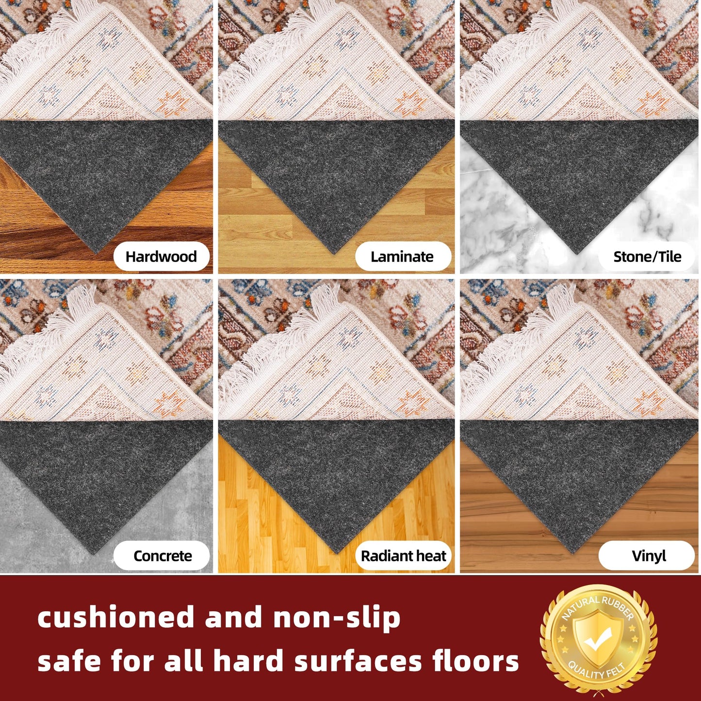 BAGAIL Felt and Natural Rubber Backing Rug Pads 1/4” Thick, 9 x 12 Ft Non Slip Carpet Gripper Keep Rugs in Place, Under Area Rug Protective Cushioned Pads, Carpet Runners, Hardwood Floors Protection