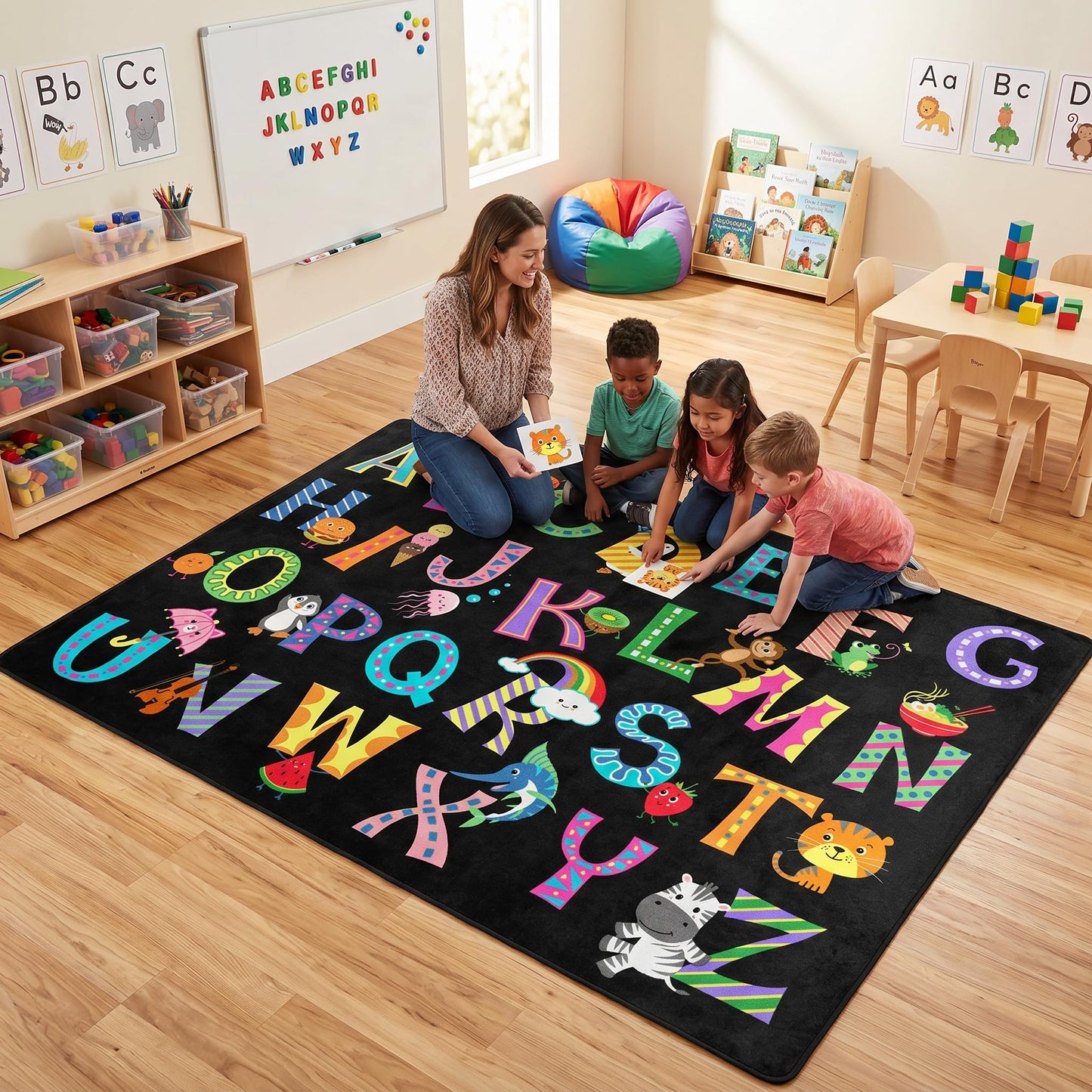 ABC Alphabet Rug, Classroom Playmat Rugs - 5x7 Ft Kids Carpet with Rubber Backing, Colorful Cartoon Letters Kids Play Mat Nursery Rugs for Bedroom Playroom - Black