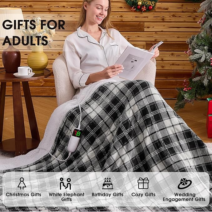 Black Heated Blanket Electric Throw, 50X60 Heating Throw with 10 Heats Levels & 8 Hours Auto Off, Plaid Soft Sherpa Blankets Warmer Gifts for Men Dad Boys Home Decor for Living Room Bedroom Office