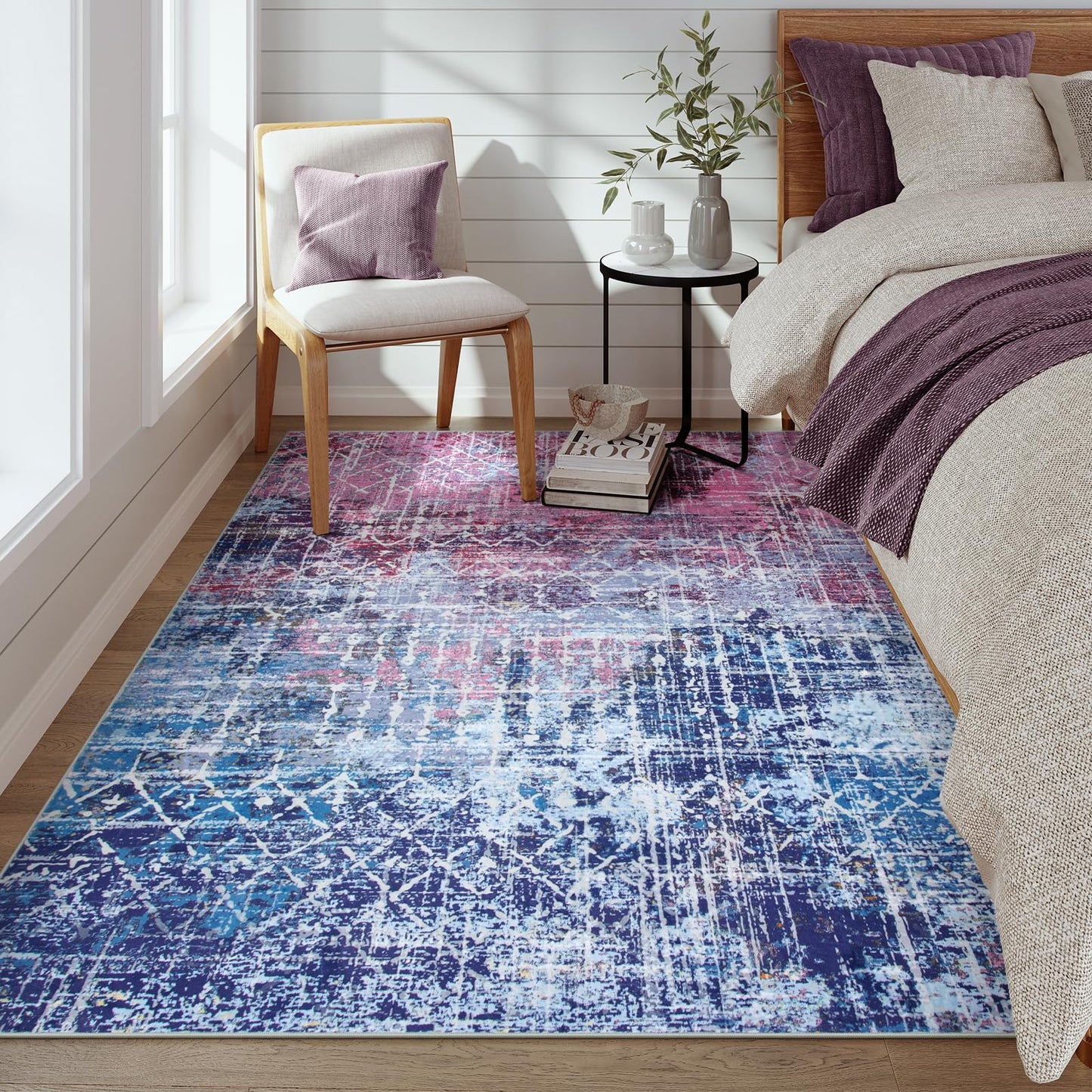 Zealude Boho Abstract Purple Pink Rugs for Bedroom Girls Kids, Washable 5x7 Preppy Colorful Area Rug for Living Dining Room, Non Slip Modern Pastel Carpet for Playroom Nursery Girls Room (5 x 7)