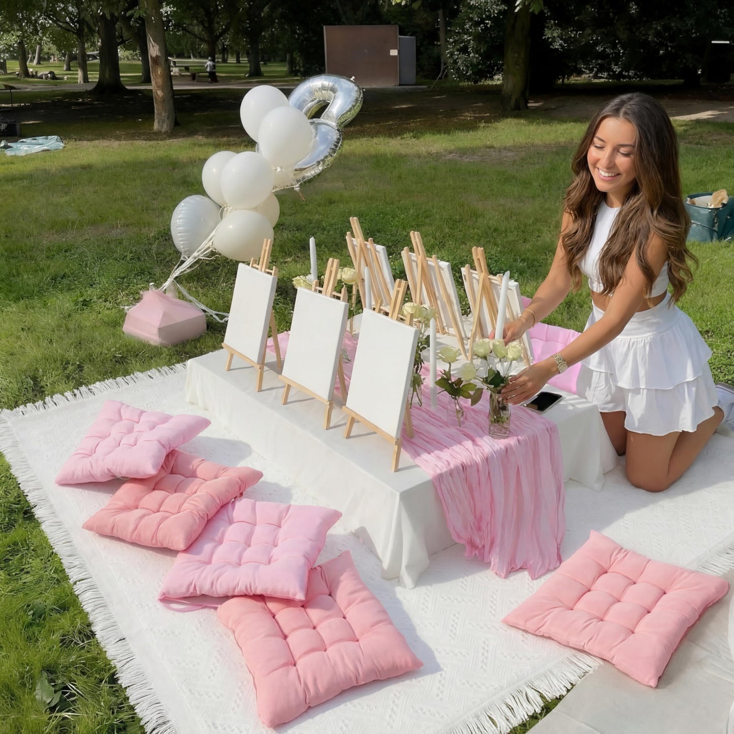 Hillsuren Extra Large Outdoor Picnic Blanket with Table Runner and Floor Pillow Cushion for Picnic Wedding Birthday Baby Shower Backyard (91 x 71'',Pink,6-Person)