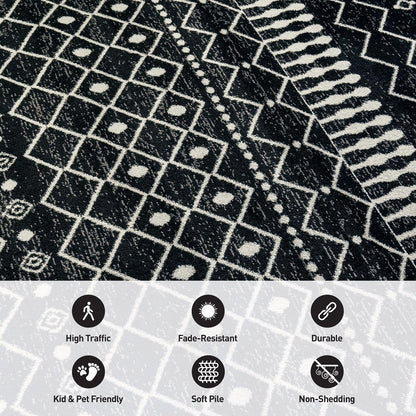 Rugshop Boho Black and White Tribal Area Rug – Geometric Diamond and Stripe Pattern Carpet for Living Room, Bedroom, or Entryway – Soft Modern Bohemian Floor Décor 2' 3" x 8' Runner Black