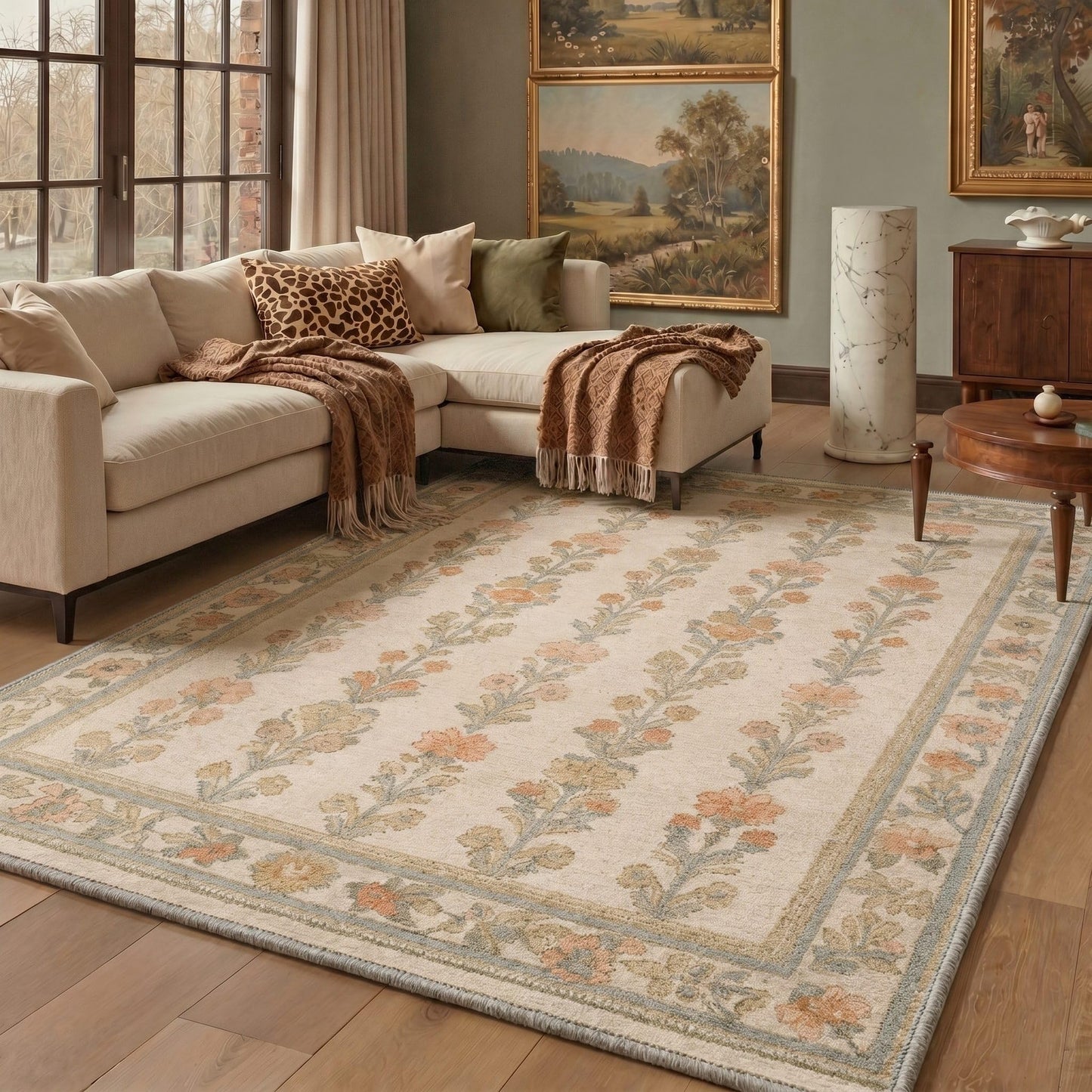 Bavni 8X10 Area Rugs for Living Room Machine Washable, Non Slip Low Pile Soft Modern Botanical Rugs, Floral Vines Carpet for Bedroom Dining Room, Home Office, Warm Beige
