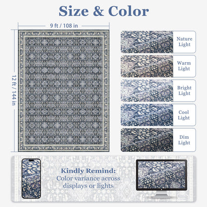 Jainmy Boho Floral Moroccan Trellis Large Area Rugs 9x12 for Living room, Dark Blue Classic Transitional Style Room Carpet Rug for Bedroom Dining Room, Washable Rug with Rubber Back Low Pile Thin Soft