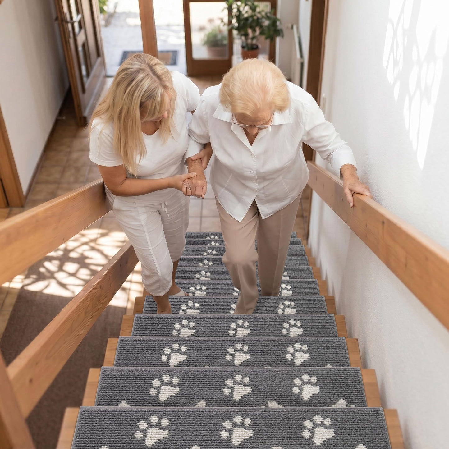 DEXDE Stair Treads for Wooden Steps Non-Slip 15pcs, 30"x8" Washable Stair Runners with Cat Paw Pattern, Non-Skid Safety Carpet Mats for Dogs and Kids, Reusable Indoor Stair Rugs for Home, Grey