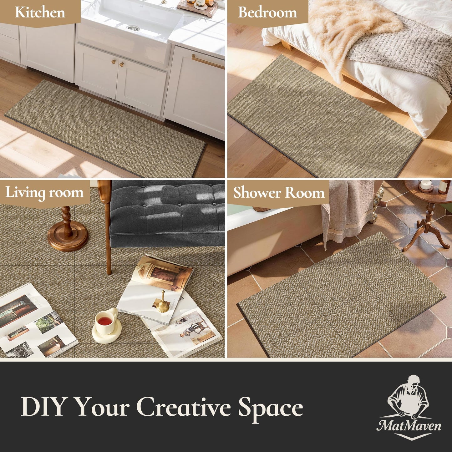 MatMaven Area Rugs for Kitchen,Living Room,6 Pieces 12"x12" Super Absorbent and DIY Square Carpet,Non Slip Machine Washable Rug,Soft Indoor Floor Carpet for Bedroom,Office,Sink,Laundry,Beige