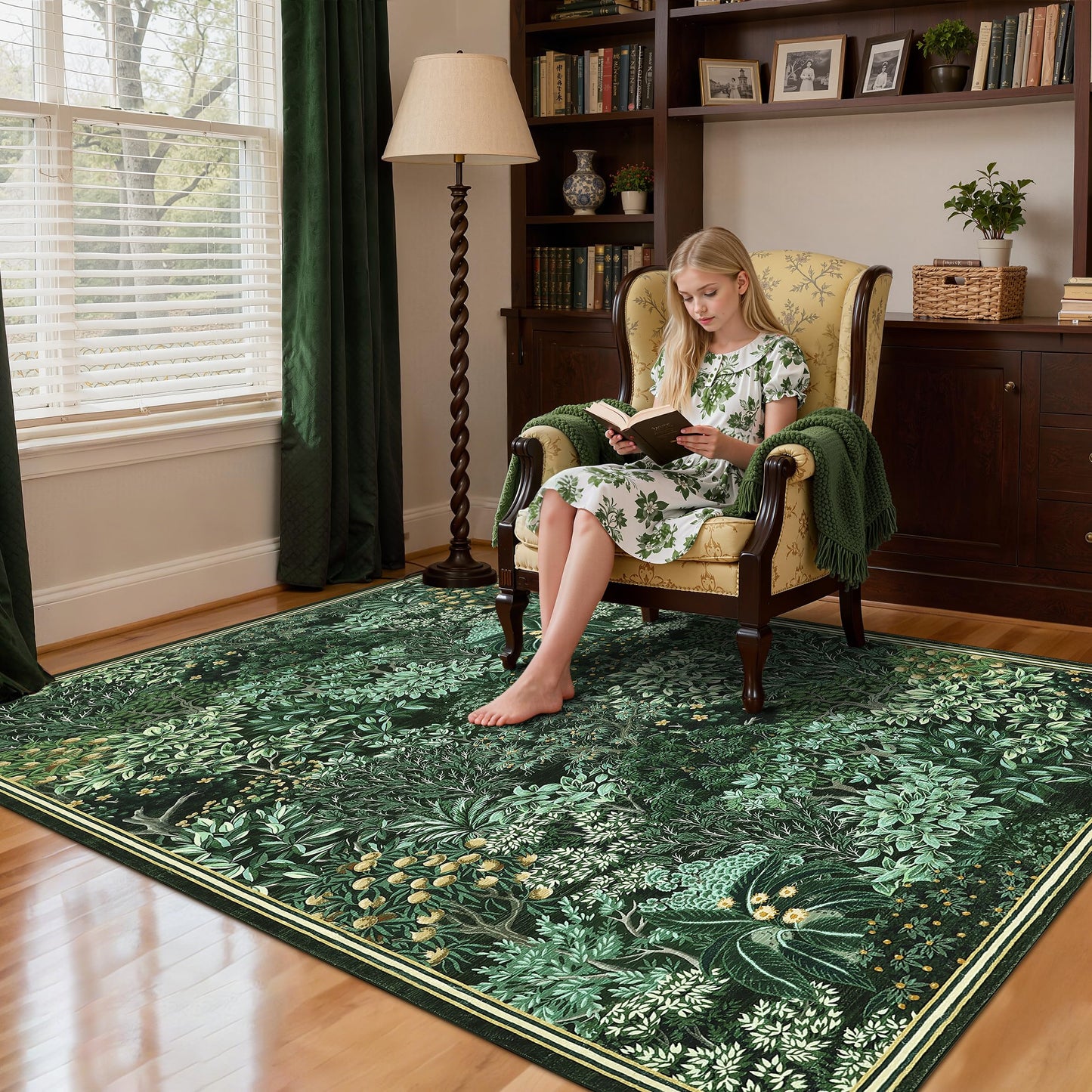 GarveeHome Forest Rugs 5x7, Green Washable Area Rugs for Living Room 5x7, Botanical Low Pile Non Slip Stain Resistance Woodland Rug for Farmhouse, Bedroom, Dining Room