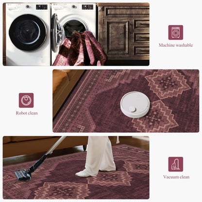 Clemile 4x6 Oval Rug - Washable Ultra-Thin Living Room Rug Vintage Non-Slip Carpets - Soft & Stain Resistant Rug for Kitchen Bedroom Dining Room Living Room Red Burgundy