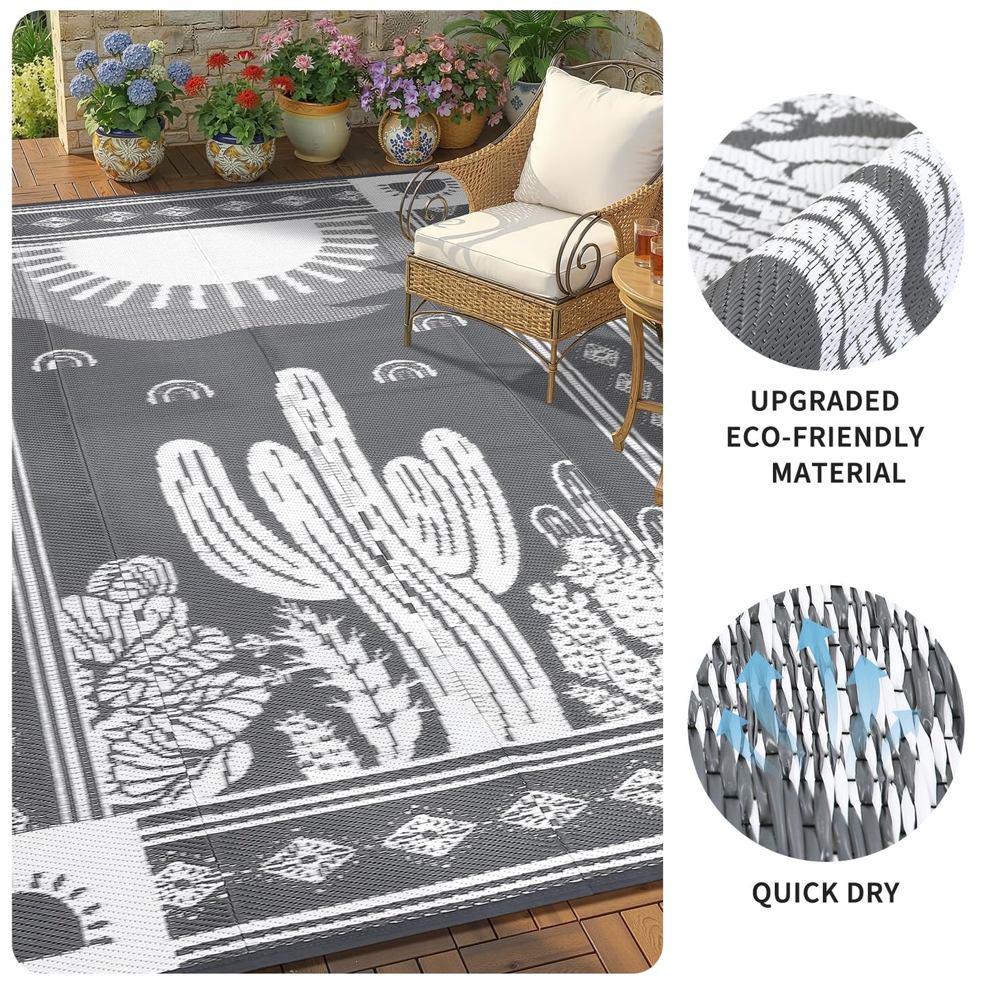 Garvee Reversible Cactus Outdoor Rug 8x10 for Patio, Waterproof Outdoor Area Rug, Modern Desert Botanical Indoor Outdoor Rugs, Plastic Straw Rug for RV, Camping, Deck, Grey