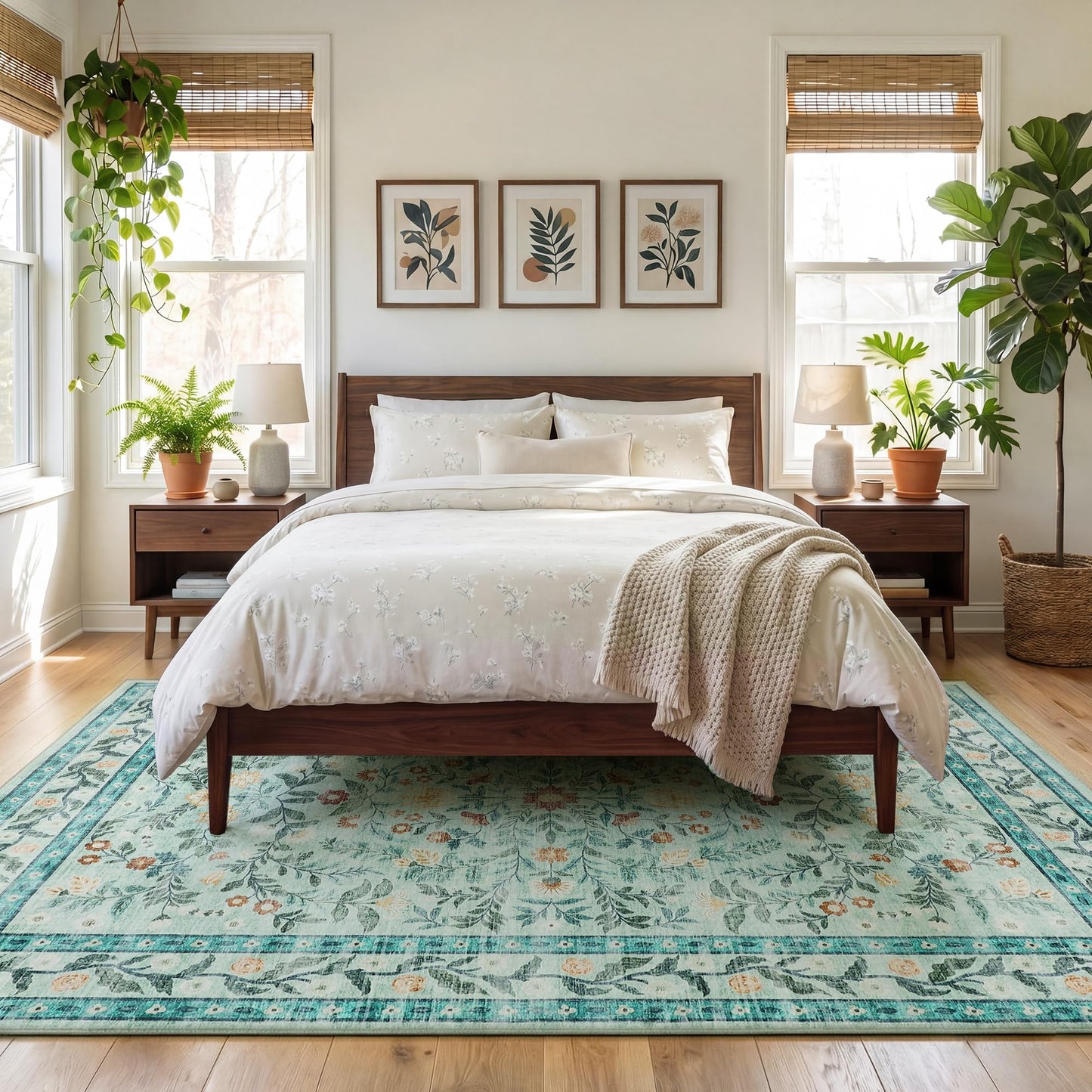 Garvee Area Rug 5x7 for Living Room, Washable Floral Low Pile Rug, Soft Non Slip Carpet for Living Room, Bedroom, Dining Room, Light Green