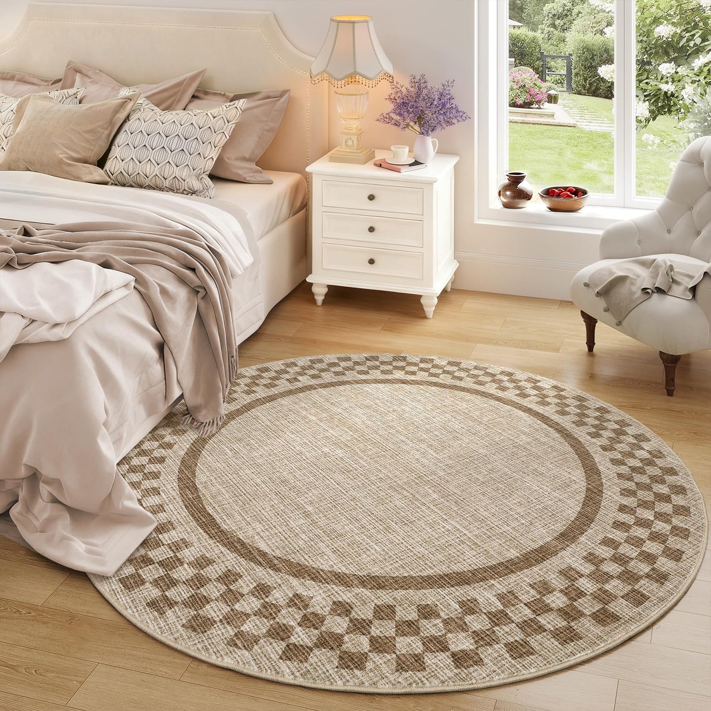 4ft Washable Round Rug for Entryway Modern Checkered Bedroom Circle Rug Non Slip Soft Dining Room Round Throw Carpet Small Stain Resistant Border Round Rugs for Living Room Kitchen Bathroom, Taupe