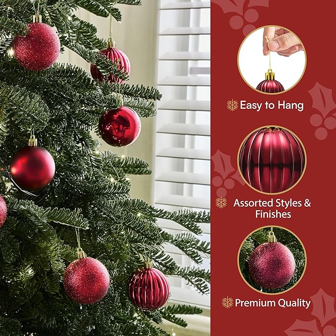 JOIEDOMI 24 Pcs Burgundy Red Christmas Balls Ornaments Set, 2.36" Christmas Tree Ornaments Shatterproof, Xmas Balls Hanging Decorations for Tree Wreath Garland Holiday Wedding Indoor Party Decor