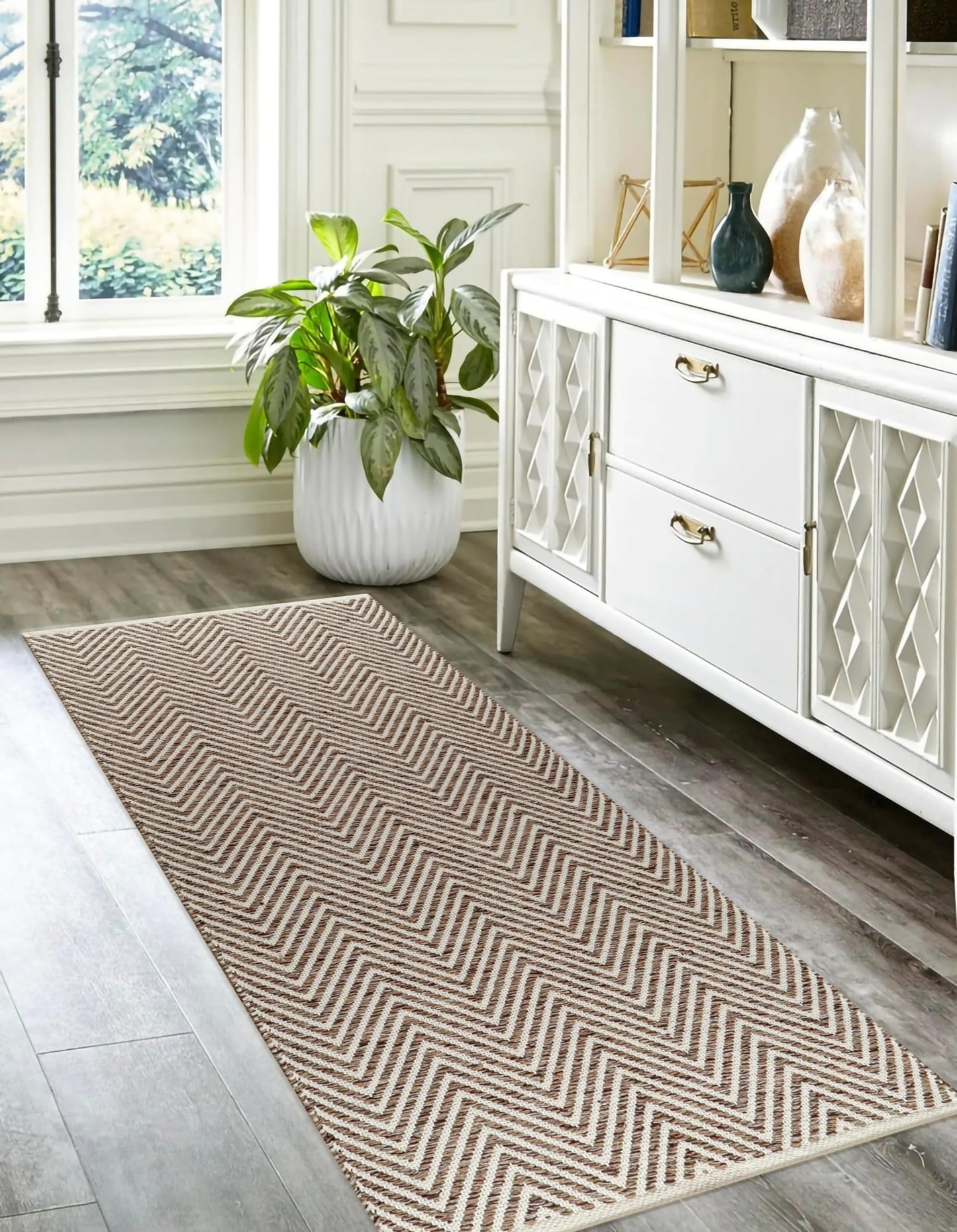 Cotton Chevron Hand Woven Area Runner Rug 2x6 Feet - Beige, Farmhouse Decorative Floor Runners Ideal for Hallways, Kitchen, Bedroom | Linen Nursery Neutral Geomatric Reversible Living Space Patio Mats