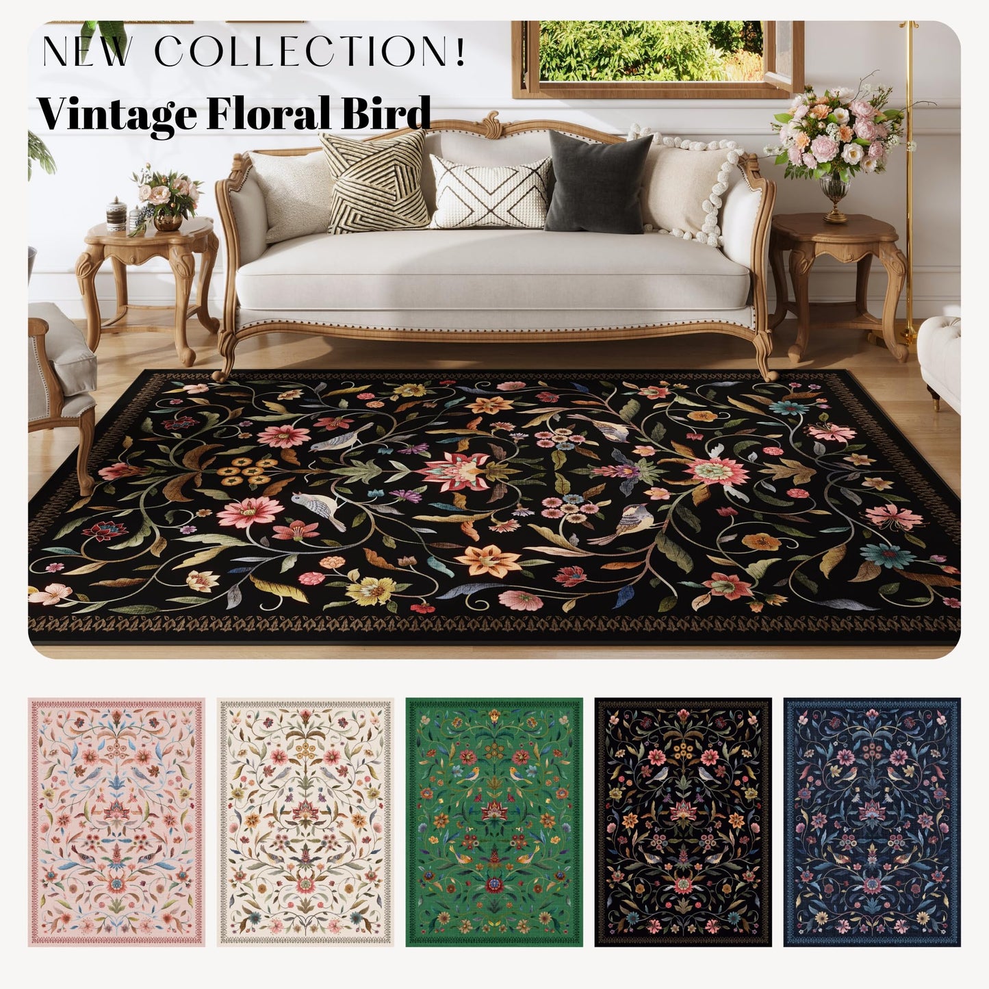 Vowkten Vintage Medallion Floral Runner Rug Non Slip 2x10, Machine Washable, Soft Low Pile Long Carpet for Hallways, Laundry, Bedroom, Bathroom, Entryway | Black