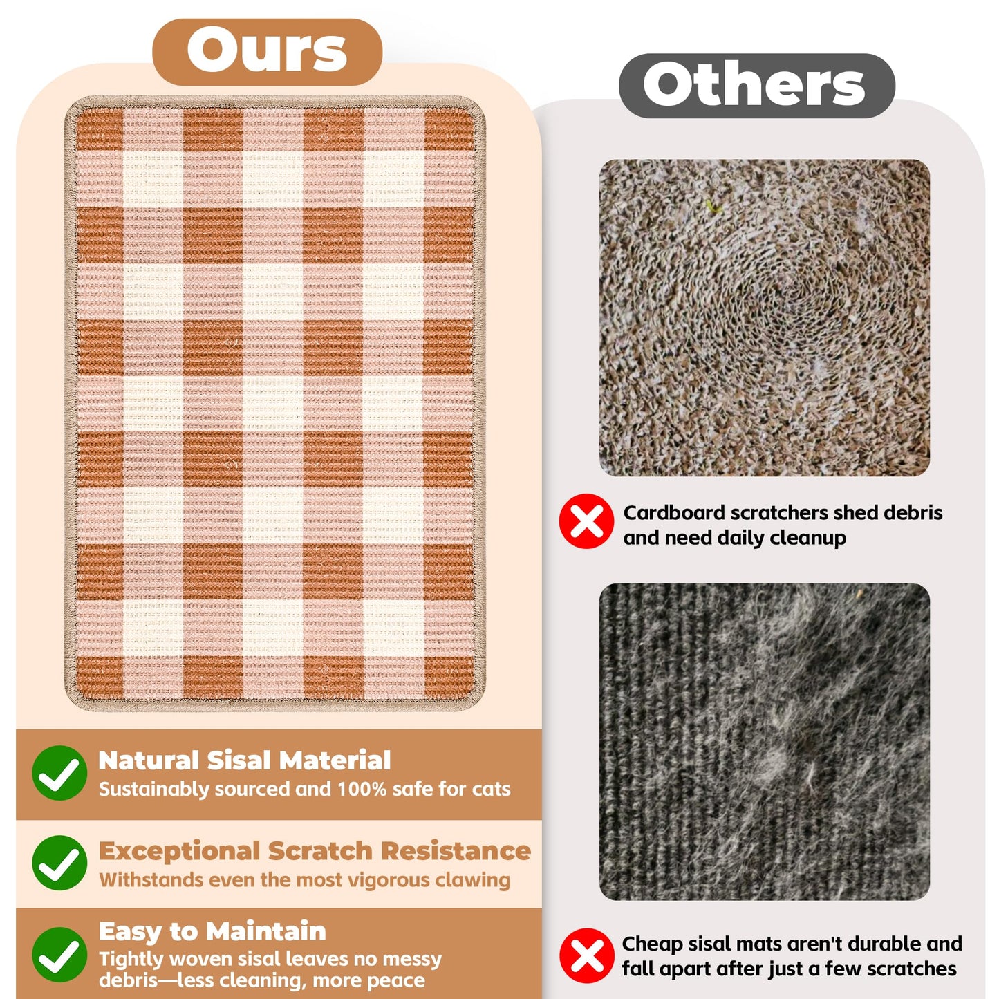 LESISSMER Cat Scratcher Mat, Natural Sisal Cat Scratch Pad, 23.6x15.7 Inch Horizontal Cat Floor Scratching Pads Rug with Hook & Loop to Protect Couch & Carpets & Sofas（Coffee White）