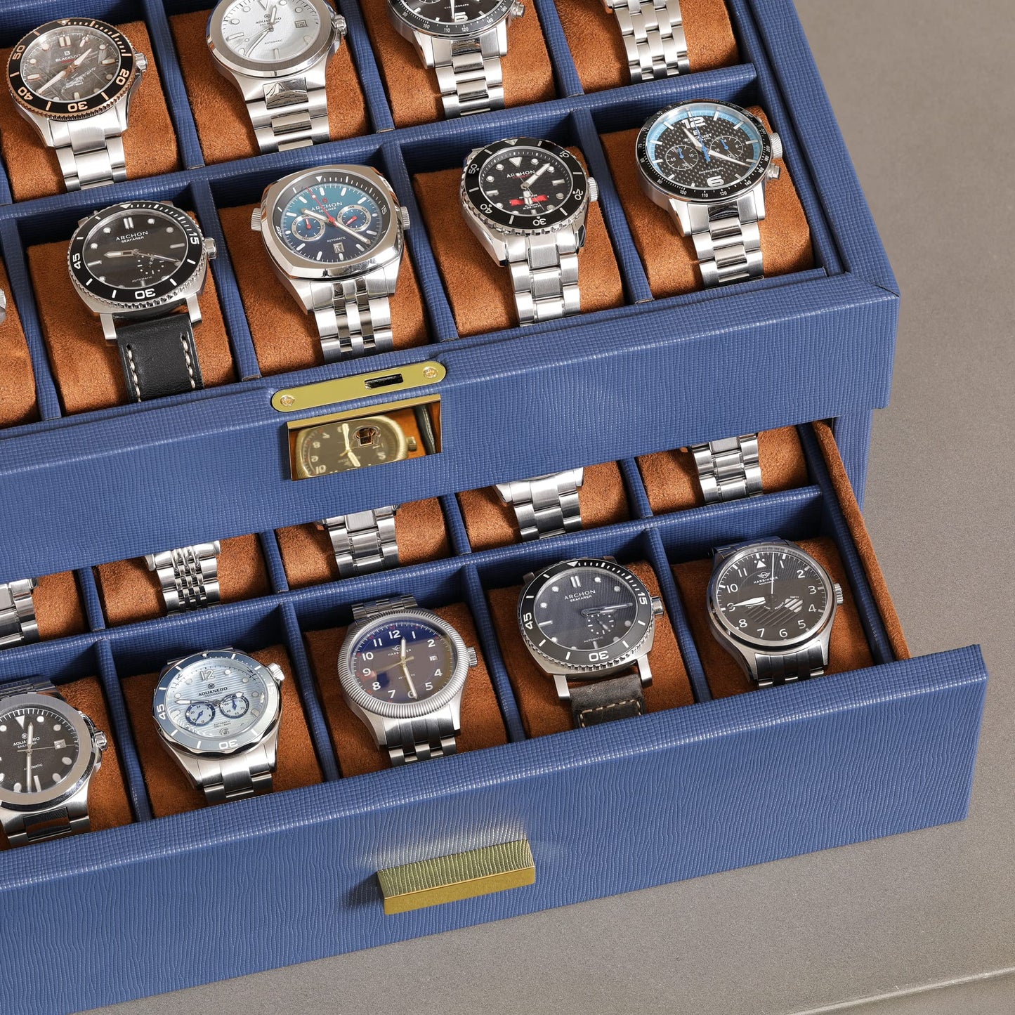 ROTHWELL 20 Slot Leather Watch box - Luxury Case Display Jewelry Organizer, - Locking Display Case Holder with Large Real Glass Top - Watch Box Organizer for Men and Women (Blue/Tan)