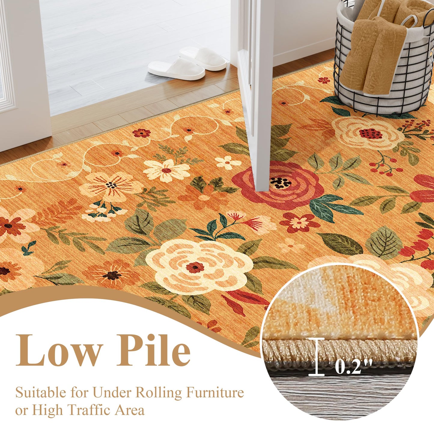 DUKINO 2x6 Runner Rug for Hallway, Washable Kitchen Runner Rug with Non Slip Backing, Low Pile Soft Boho Floral Runner for Kitchen, Hallway, Entryway, Laundry, Bedroom, Orange