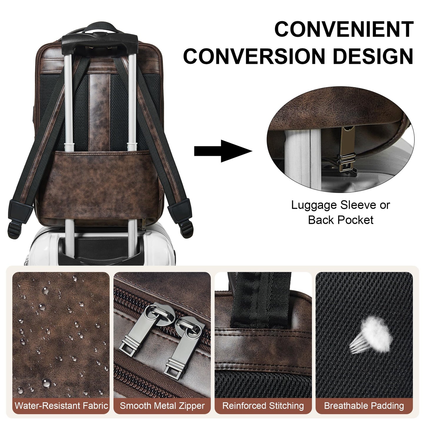 Shrrie Vegan Leather Laptop Backpack for Women&Men,16 Inch Expandable Backpack with USB Charging Port,Two-toned Coffee