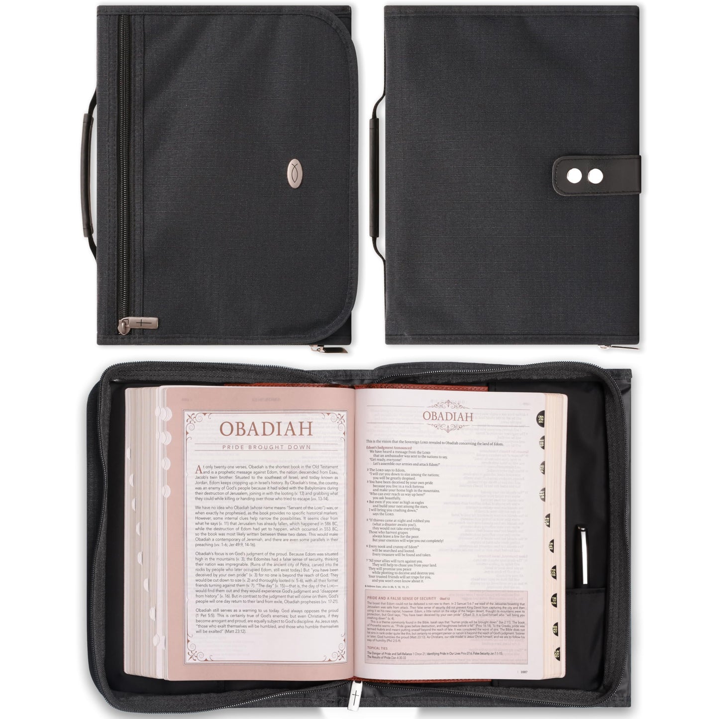 Christian Art Gifts Jesus Fish Badge Men/Women Tri-Fold Organizer Bible Cover Zipper Closure, Black Canvas, Medium