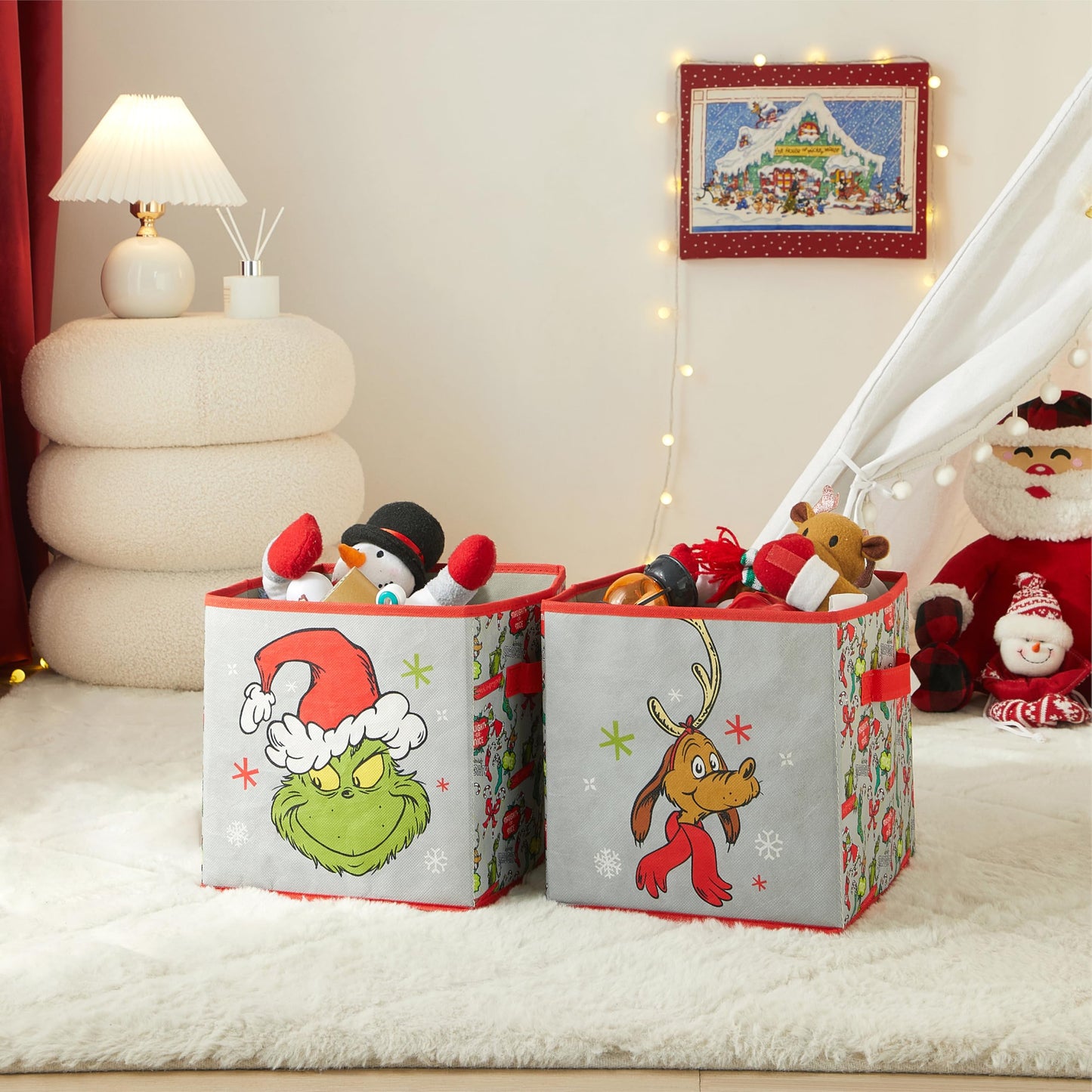 Idea Nuova Storage Cubes for Kids,2 Pack Collapsible Fabric Bins with Handles, Holiday Organizer Boxes for Bedroom, Playroom & Nursery, Festive Christmas Storage Baskets,Grinch Dr. Seuss