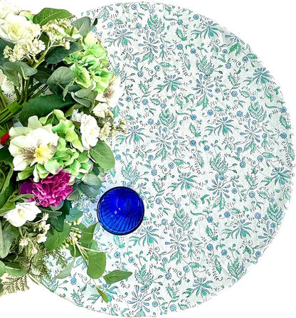 ATOSII Aster Blue 100% Cotton Round Tablecloth, Handblock Print Floral Table Cloth for Kitchen Dining Linen I Parties, Weddings, Outdoors, Easter, Spring Summer Decor I 60" Inches Round