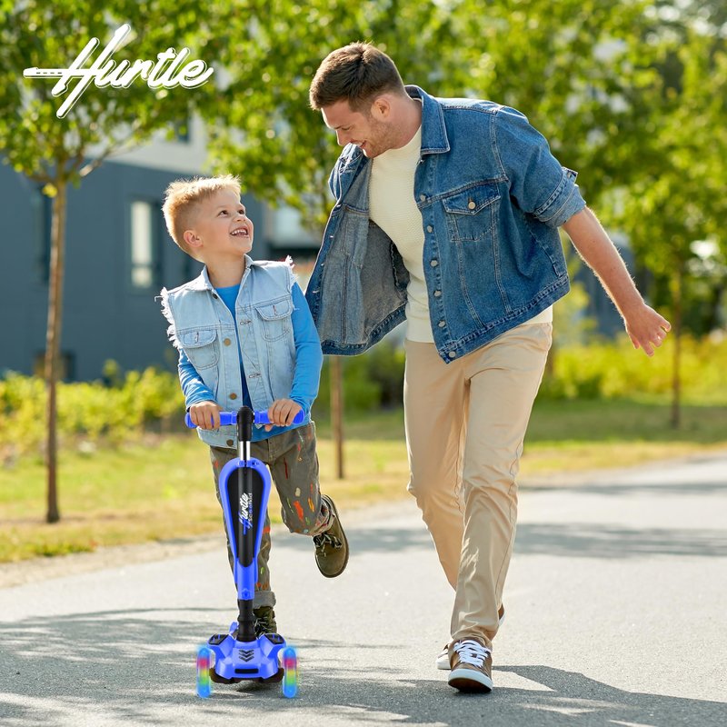 Hurtle 3 Wheeled Scooter for Kids - 2-in-1 Sit/Stand Child Toddlers Toy Kick Scooters w/ Flip-out Seat, Adjustable Height, Wide Deck, Flashing Wheel Lights, Great for Outdoor Fun -(Blue)