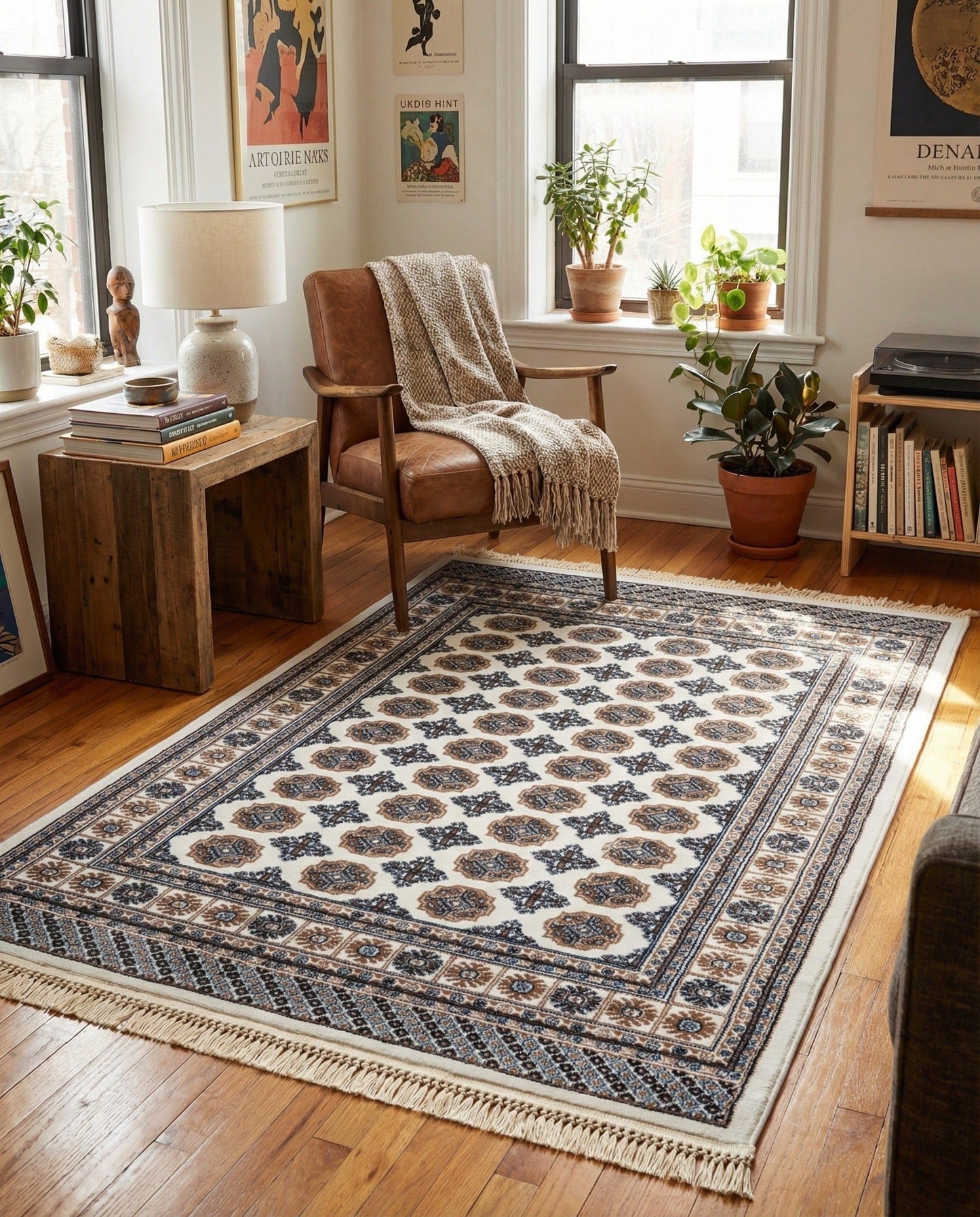 Rugs.com - Bokhara Rug – 4' 1 x 6' 1 Ivory Easy-Clean Stain-Resistant Area Rug – Modern Geometric Design with Fringe, Perfect for Living Rooms, Entryways, and Offices