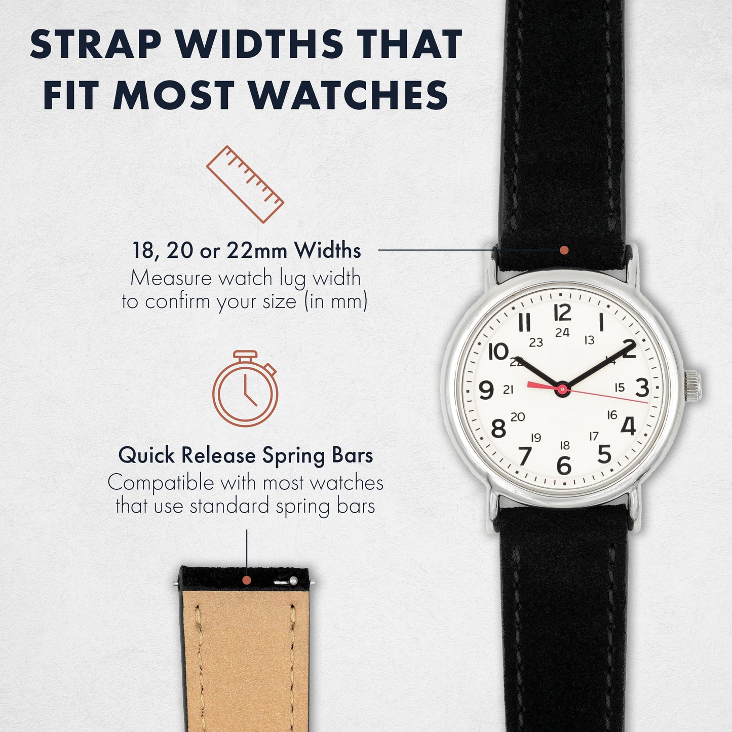 Benchmark Suede 20mm Leather Watch Band – 20mm Quick Release Watch Band with Stainless-Steel Buckle & 9 Adjustable Holes – Black Leather Watch Bands for Men & Women (20mm, Black)