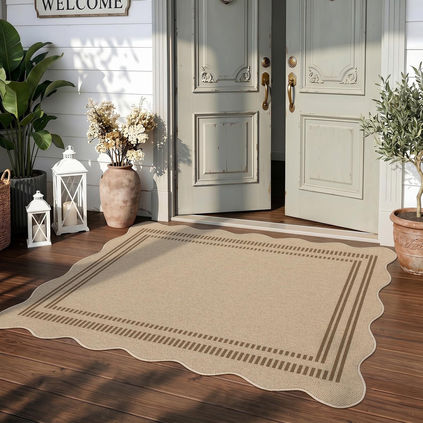 Tribesigns Scalloped Easy Jute 3x5 Indoor Outdoor Patio Rug, Tan/Striped Washable Non-Slip Kitchen Area Rugs for Entryway Door, Farmhouse Modern Carpet for Living Bedroom Office