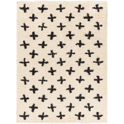 Livabliss Area Rugs - 5x7 Soft Mora Moroccan Boho Black Cream Shag Rug for Living Room Bedroom - Geometric Plush Pile Stain Resistant Bohemian Carpet for Dining Room, Nursery and Office (5'3" x 7')