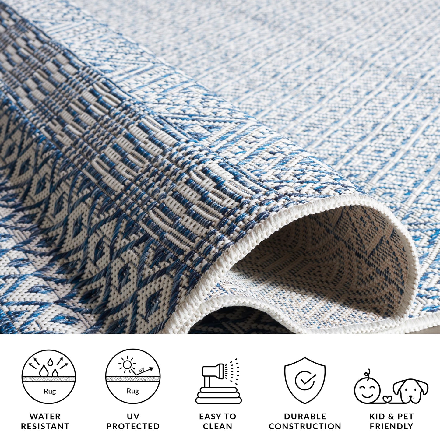 SAFAVIEH Washable Rug Outdoor Courtyard Collection - 5'3" Square, Blue & Navy, Non-Shedding & Easy Cleaning, Ideal for Patio, Backyard, Mudroom (CY8235-53412)