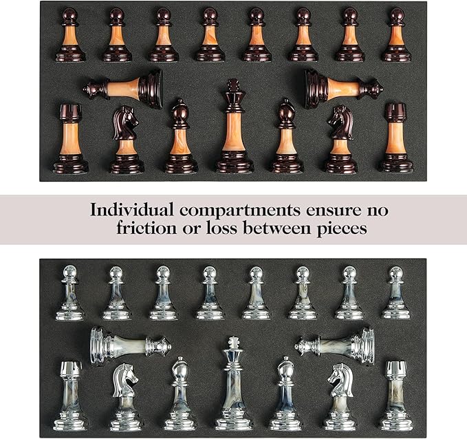 Vamslove Heavy Weighted Acrylic Chess Pieces Only with Leather Base-3.5'' King with Storage Slots-Extra 2 Queens-34 Staunton Tournament Chessmen for Chess Set or Replacement of Missing Pieces