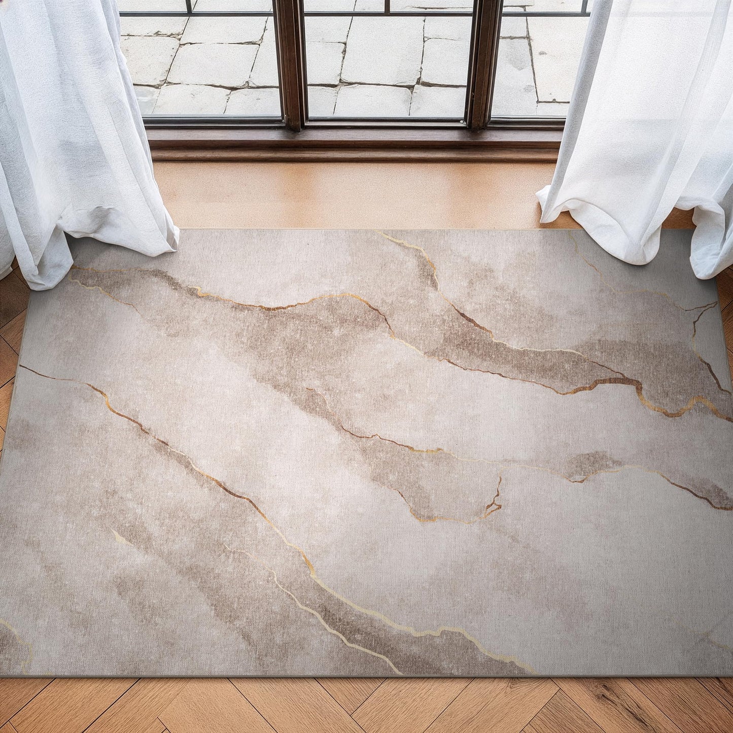 Bloom Rugs Caria Washable Non-Slip 3x5 Rug - Ivory/Gold Modern Abstract Area Rug for Living Room, Bedroom, Dining Room, and Kitchen - Exact Size: 3' x 5'