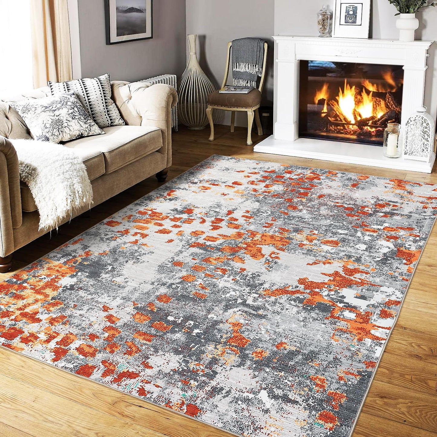 GarveeHome Area Rug 4x6 Machine Washable Rug Modern Abstract Rug Non Slip Non Shedding Indoor Floor Cover Low Pile Rug for Bedroom Living Room, Orange/Grey