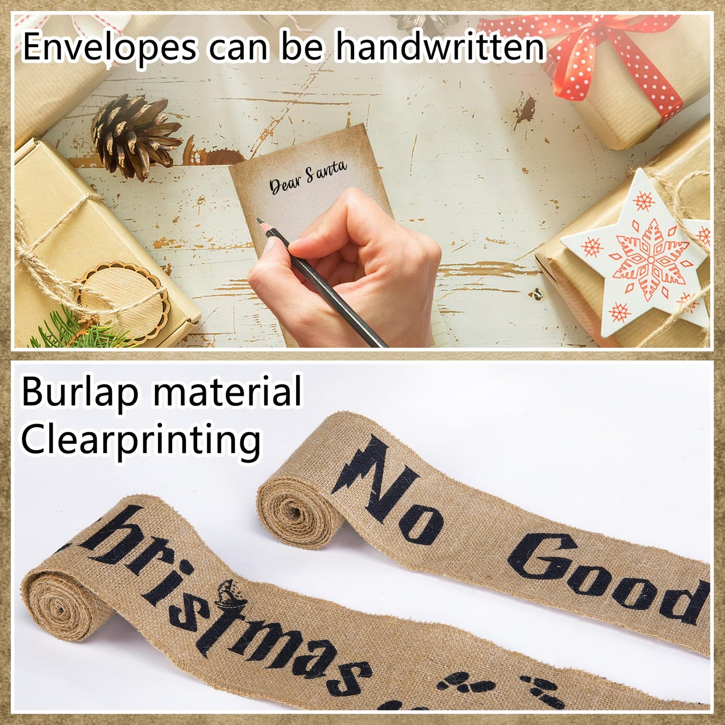 Mizelu 2 Set 62''x 4'' Christmas Tree Burlap Ribbon Garland, Wizard Burlap Ribbon Tree Decoration with 2 String Letter Cards, Xmas Rustic Burlaps Ribbons Decor for Christmas Hanging Home DIY Craft