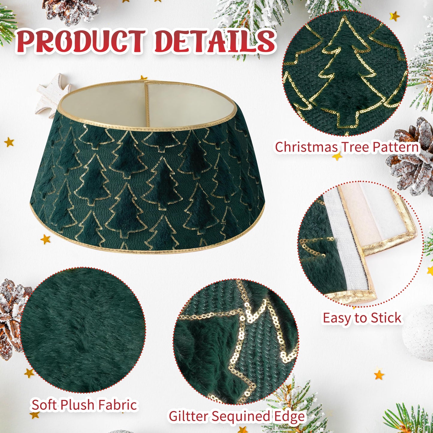 Faux Plush Christmas Tree Collar,Rustic Farmhouse Tree Skirt Ring with Xmas Tree Textured Pattern for Holiday Christmas Indoor Home Decor（Green）