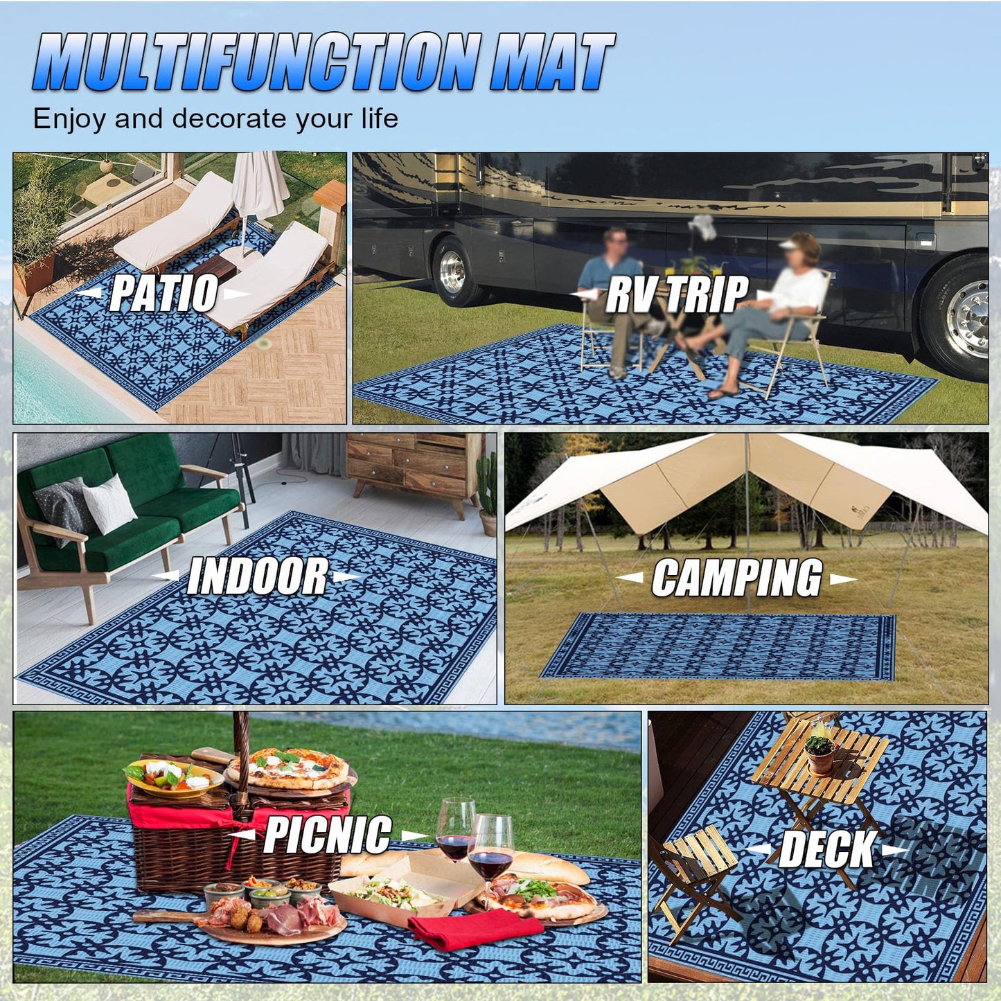 TIPHOPE RV Outdoor Rugs,Waterproof 9x6 FT Outdoor Camping Rugs Foldable Camper Rugs with Carrying Bag Large Floor Rug for Outdoor Camping,Beach,Picnic,Lightweight