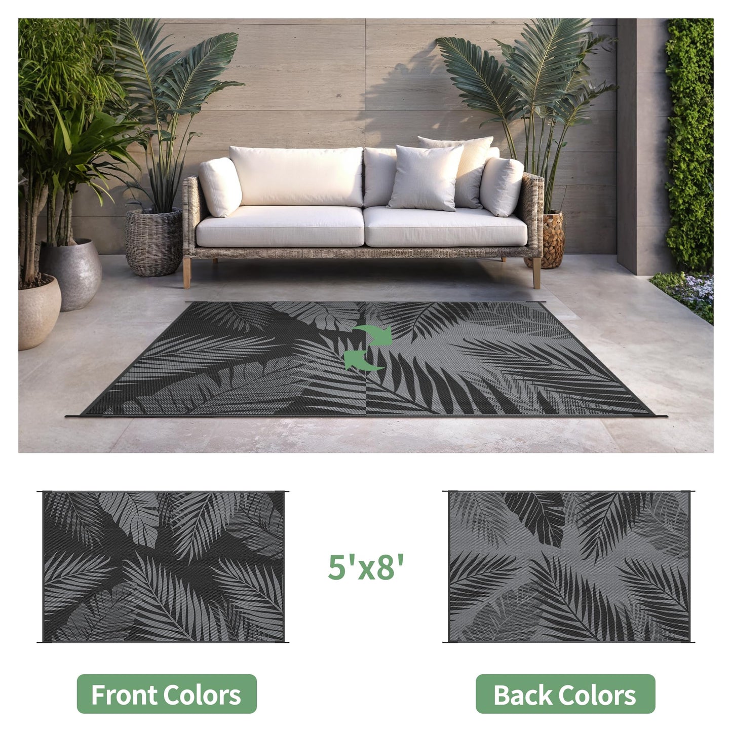 sarben Outdoor Rug 5' x 8' Waterproof for Patios Clearance, Reversible Plastic Straw Indoor Outdoor Rug for RV, Picnic, Backyard, Deck, Balcony, Porch, Beach, Black and Grey