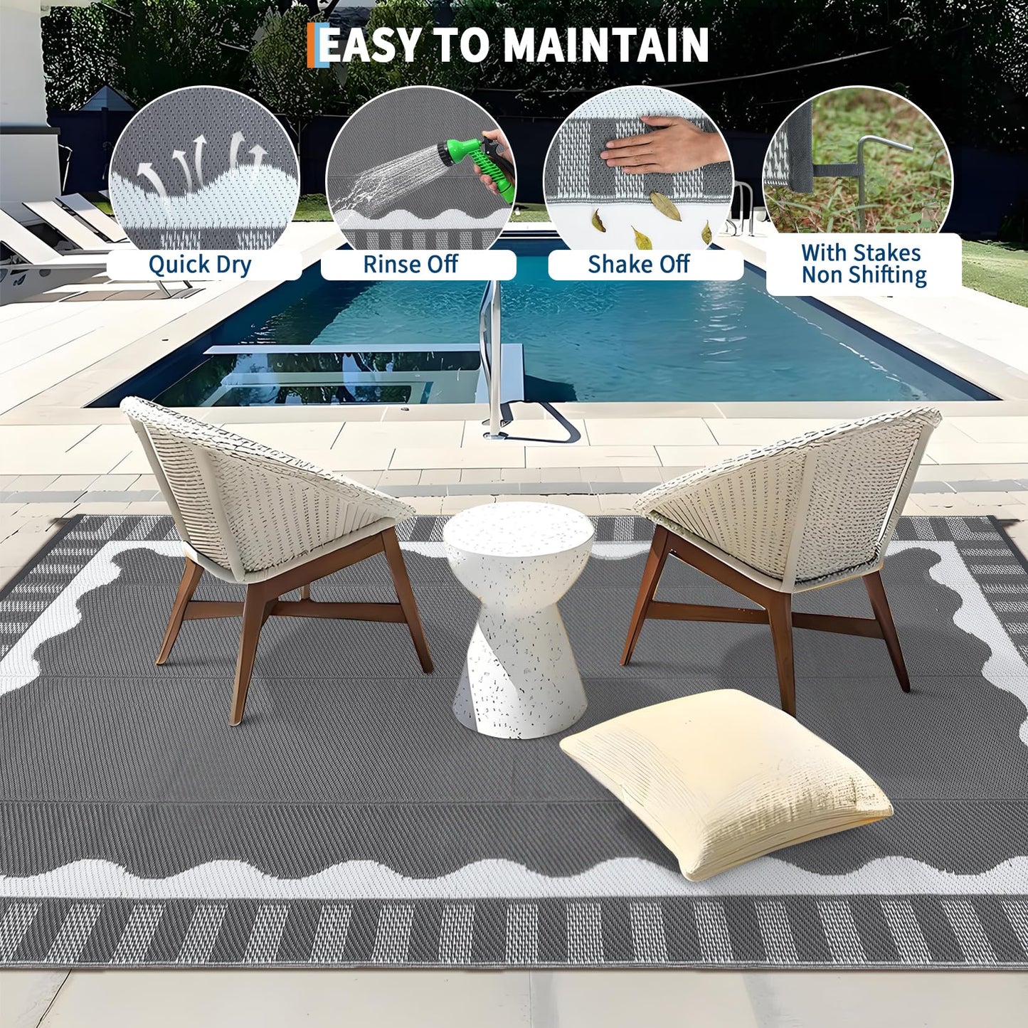 Garvee Large Scalloped Outdoor Rug 9x12 Patio Rugs Outdoor Waterproof, Reversible Plastic Straw Camping Rug, Modern Bordered Outside Mats for Picnic Backyard Deck Balcony Beach Trailer, Grey