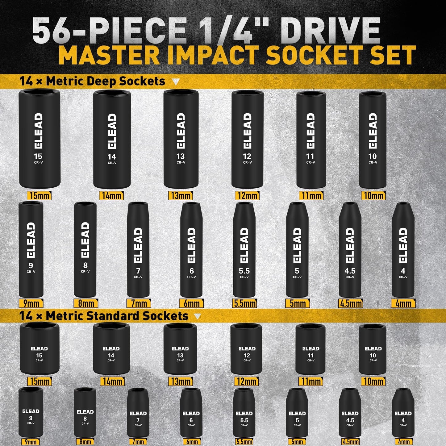 ELEAD 1/4" Drive Impact Socket Set, 56-Piece Standard SAE (5/32 to 9/16 inch) and Metric (4-15mm) Size, Deep & Shallow, 6 Point, Cr-V, 72-Tooth Ratchet Handle, Extension Bar, Universal Joint