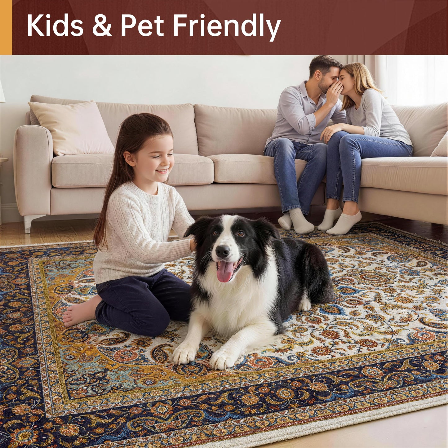 watthourhome Washable Area Rug 4'x6' Boho Low Pile Non-Slip Carpet for Living Room Bedroom Dining Room, Stain Resistant Soft Indoor Rug for Office Home Decor,Orange